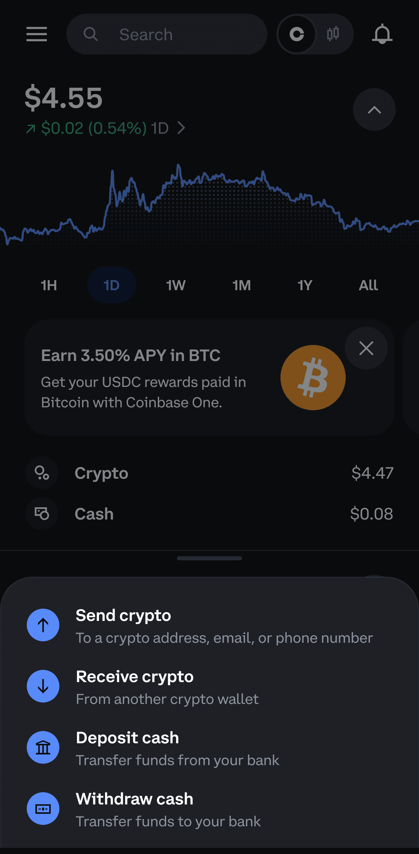 Coinbase transfer menu showing the Receive crypto option.