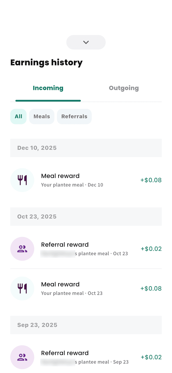 Earnings history in the Plantee app, with meal and referral rewards